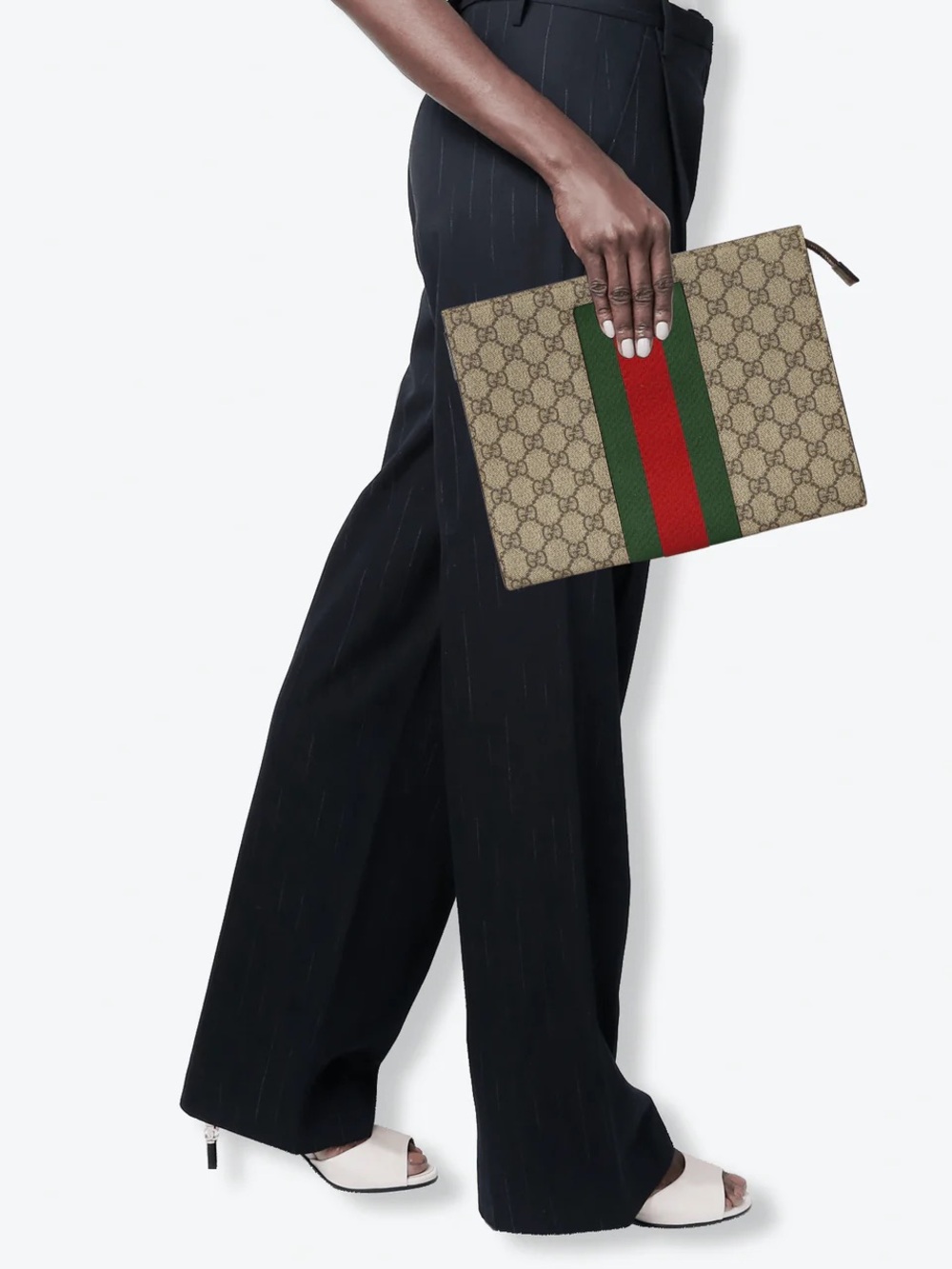 Gucci GG Supreme Pouch in Beige with Green and Red Web